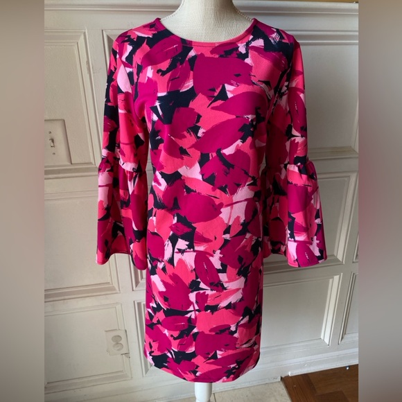 BANANA REPUBLIC LARGE 3/4 BELL SLEEVE SHIFT DRESS ABSTRACT WEARABLE ART - Picture 3 of 9